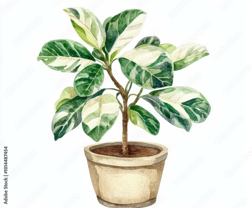 Fototapeta premium Watercolor illustration of a ficus elastica plant in a beige pot