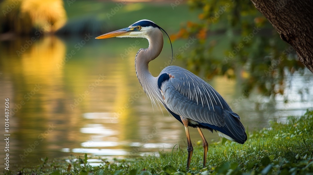 Obraz premium Great blue heron near urban pond highlights water birds and the need to preserve natural habitats