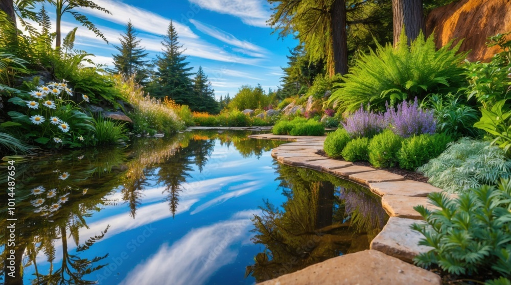 Obraz premium A serene still pond, its calm waters mirroring the vibrant blue sky above amidst which a meandering stone pathway
