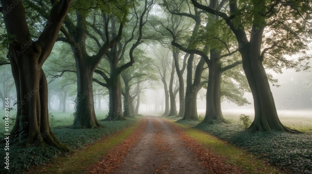 Naklejka premium A serene and tranquil forest path, softly illuminated by dappled sunlight filtering through a canopy of towering trees