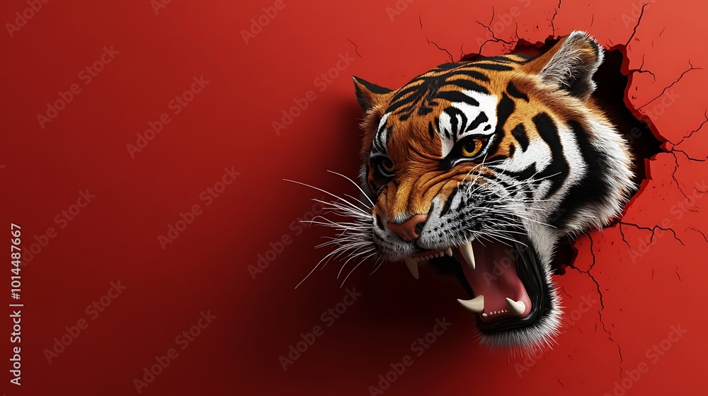 A tiger's head bursts through a red cracked wall, roaring with intensity. A tiger's head bursts through a red cracked wall, roaring with intensity.