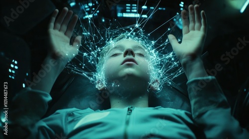 Wallpaper Mural A young person laying down with glowing blue lines surrounding their head,  a symbol of connection Torontodigital.ca