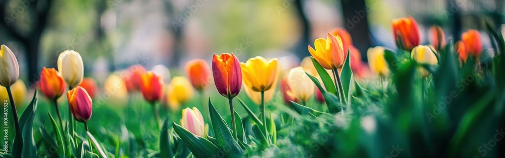 Fototapeta premium Vibrant tulips blooming in a colorful field during early spring