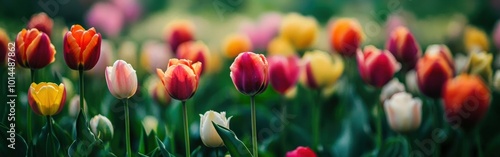 Vibrant tulip field in full bloom during spring at a local garden photo