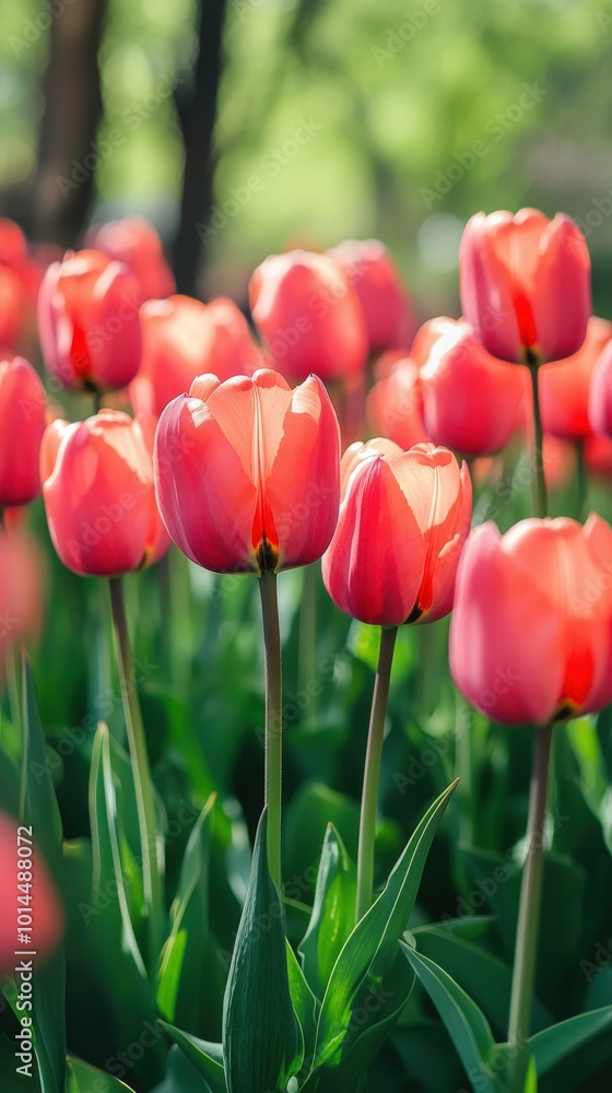 Fototapeta premium Blooming pink tulips in a vibrant field during springtime sunshine