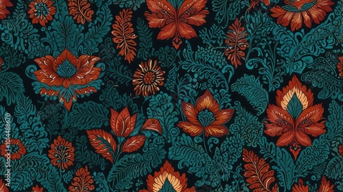 Indonesian batik motifs with very distin tosca background photo