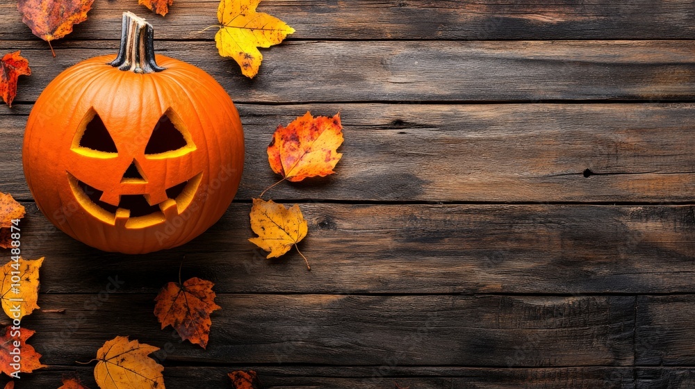 A carved pumpkin rests on a rustic wooden table among autumn leaves A carved pumpkin rests on a rustic wooden table among autumn leaves