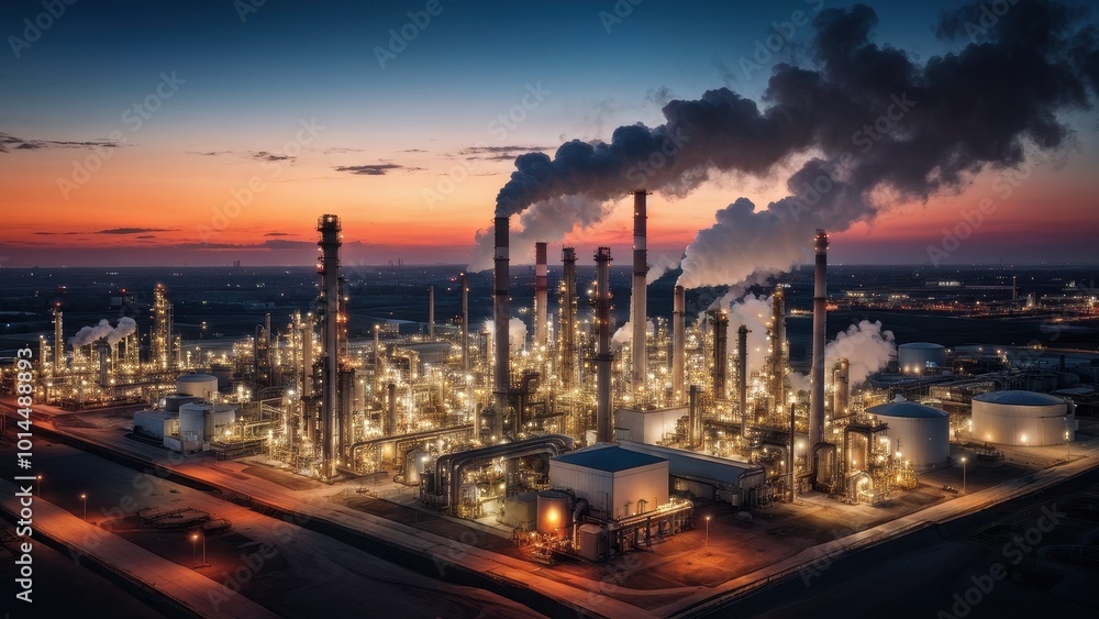 Aerial view of an industrial complex at sunset, showcasing smokestacks and illuminated structures. Aerial view of an industrial complex at sunset, showcasing smokestacks and illuminated structures.