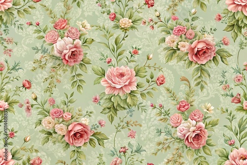 classic vintage flower pattern on green pastel background