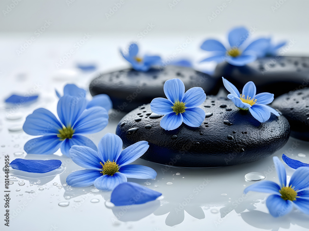 Fototapeta premium Blue flowers adorned on wet black stones create a serene spa atmosphere for relaxation and rejuvenation