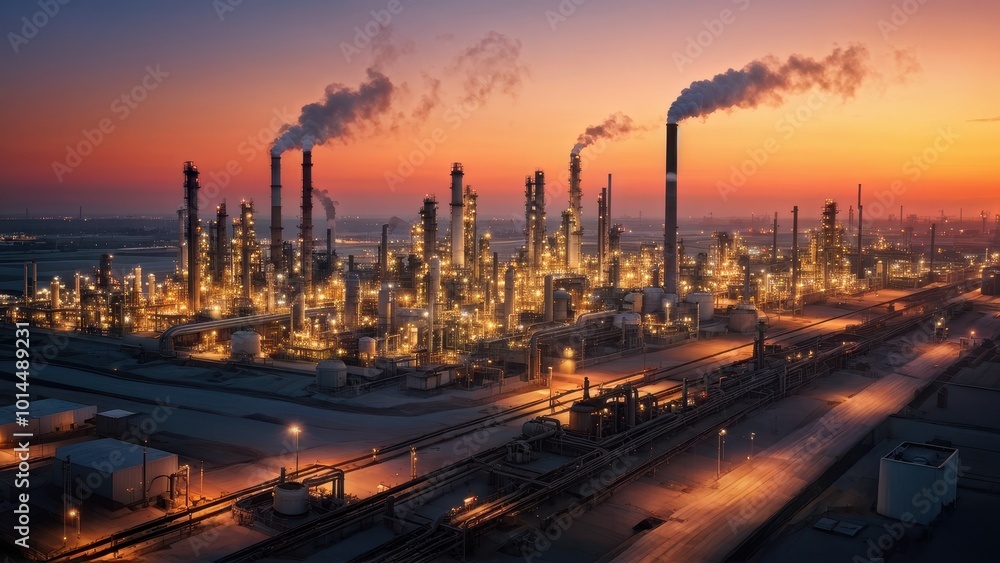 An industrial complex at sunset, showcasing smokestacks and illuminated structures. An industrial complex at sunset, showcasing smokestacks and illuminated structures.