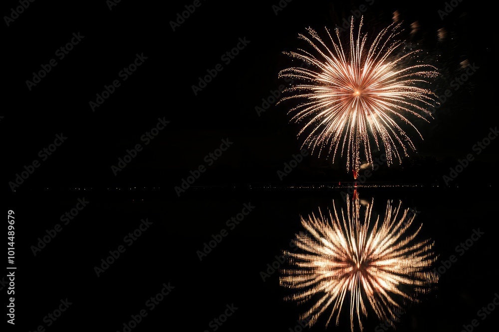 Festive fireworks display with reflections, copy space with generative ai Festive fireworks display with reflections, copy space with generative ai