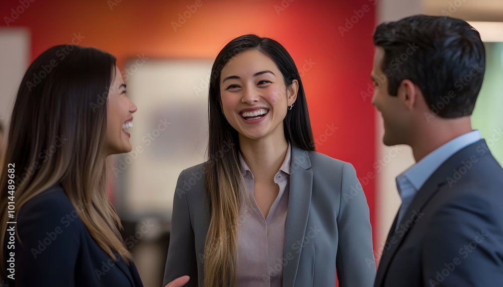 Two Women and a Man Laughing and Talking in an Office Setting Two Women and a Man Laughing and Talking in an Office Setting