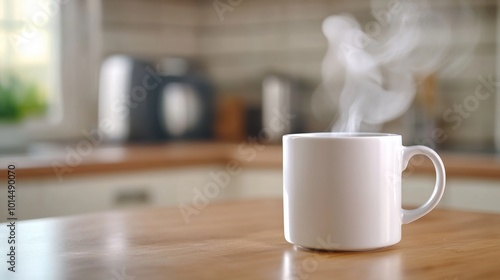 Steaming Mug of Coffee on Wooden Kitchen Counter in Cozy Home Setting, AI