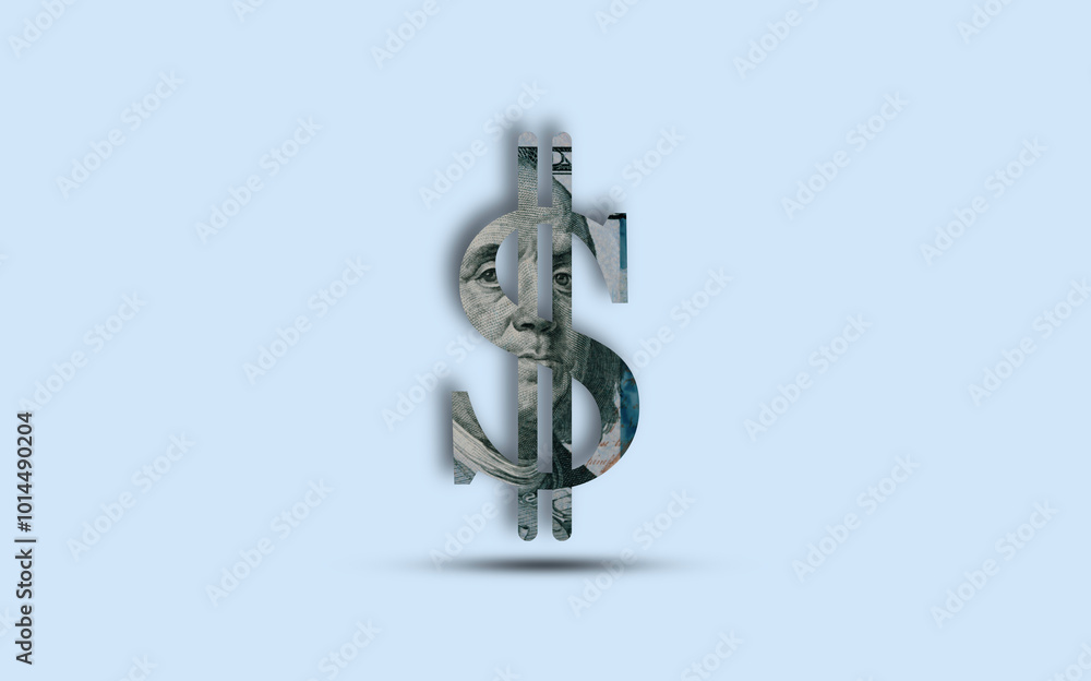 Isolation with clipping path of USD sign on dollar banknote on blue background for dollar is the main forex currency exchange and transfer in the world concept. Isolation with clipping path of USD sign on dollar banknote on blue background for dollar is the main forex currency exchange and transfer in the world concept.