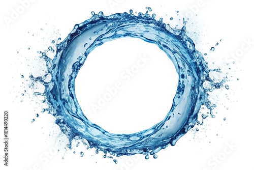 clear blue water splash in circular shape isolated on white background close-up