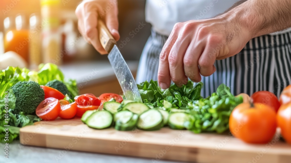 Chopping Fresh Vegetables on a Wooden Cutting Board in a Kitchen Setting, AI Chopping Fresh Vegetables on a Wooden Cutting Board in a Kitchen Setting, AI