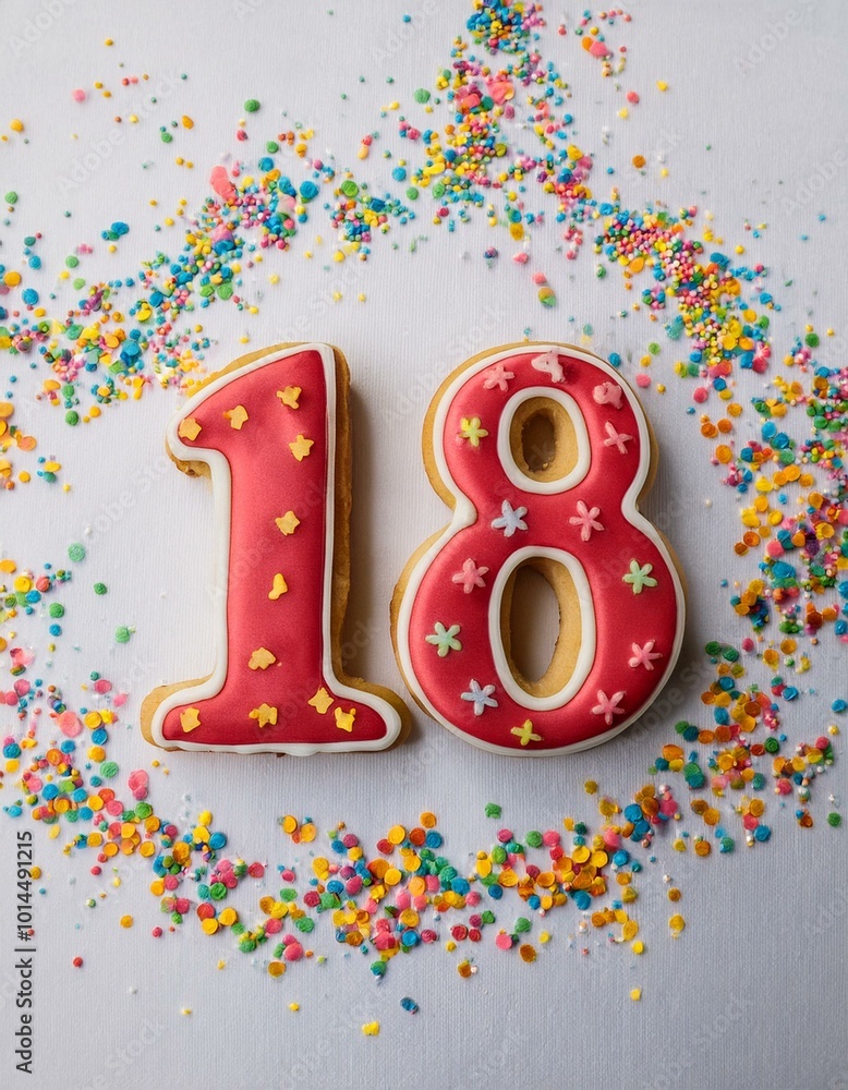 Decorated cookie, number 18, image for birthday or anniversary celebration Decorated cookie, number 18, image for birthday or anniversary celebration
