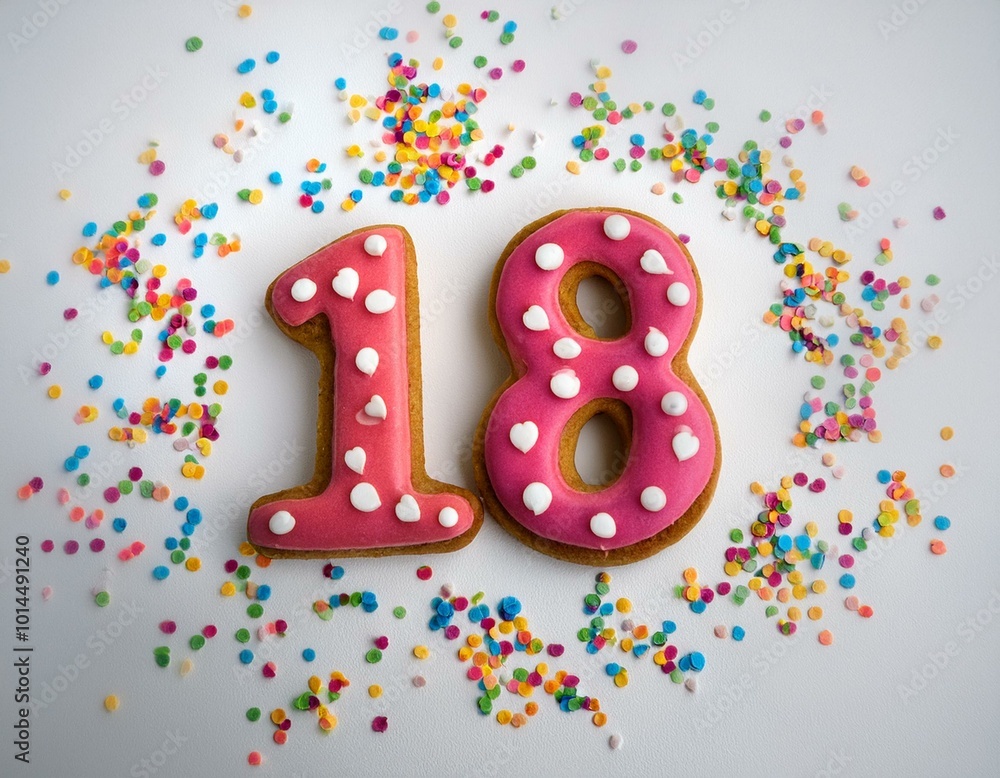 Decorated cookie, number 18, image for birthday or anniversary celebration Decorated cookie, number 18, image for birthday or anniversary celebration