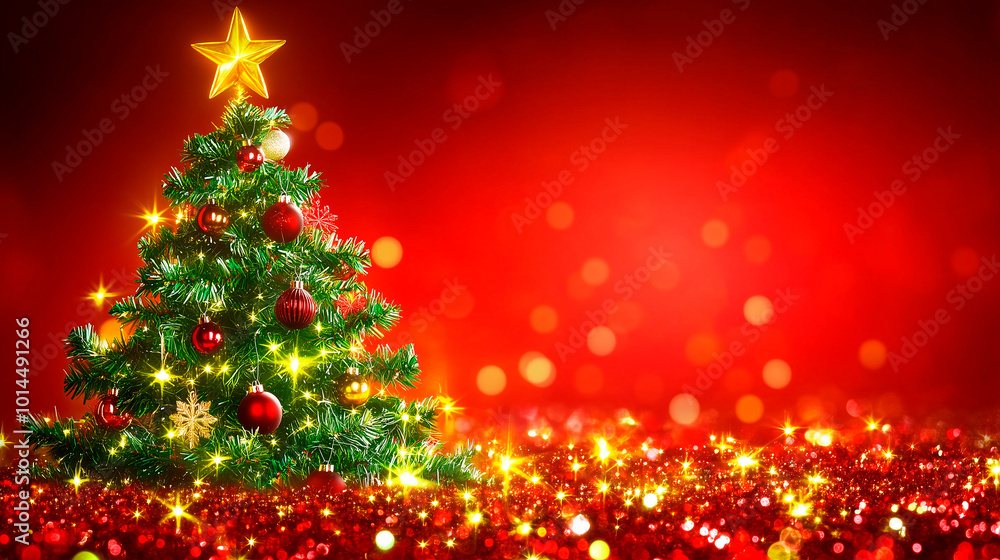 Christmas Tree with Lights and Ornaments on Red Background Christmas Tree with Lights and Ornaments on Red Background