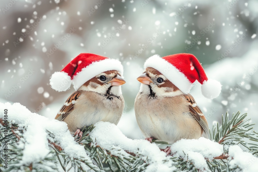 festive new year card with two little funny birds sparrows sit in the winter garden under a spruce branch in red Santa hats with generative ai festive new year card with two little funny birds sparrows sit in the winter garden under a spruce branch in red Santa hats with generative ai