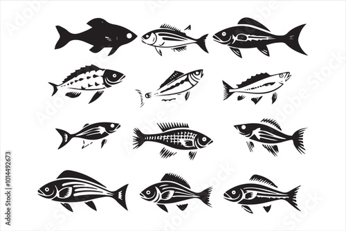 Swimming fish in black and white silhouette collection set