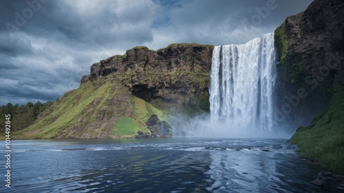 Stunning photo of a cascading waterfall flowing into a crystal-clear pool surrounded by lush greenery. Perfect for nature, travel, and relaxation themes.
