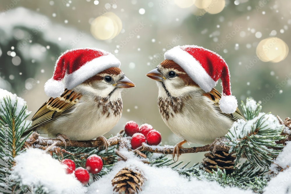 festive new year card with two little funny birds sparrows sit in the winter garden under a spruce branch in red Santa hats with generative ai festive new year card with two little funny birds sparrows sit in the winter garden under a spruce branch in red Santa hats with generative ai