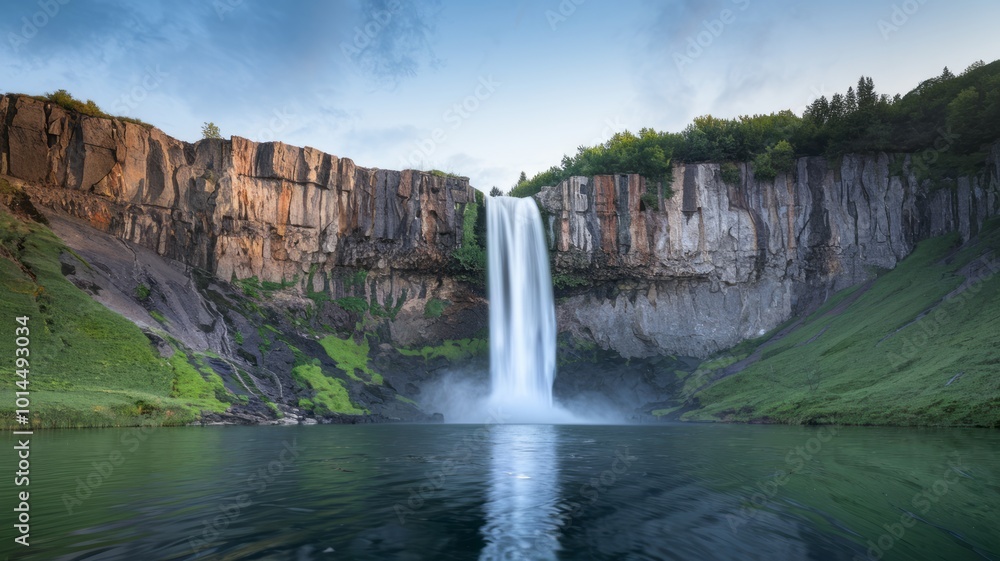 Fototapeta premium Stunning photo of a cascading waterfall flowing into a crystal-clear pool surrounded by lush greenery. Perfect for nature, travel, and relaxation themes.