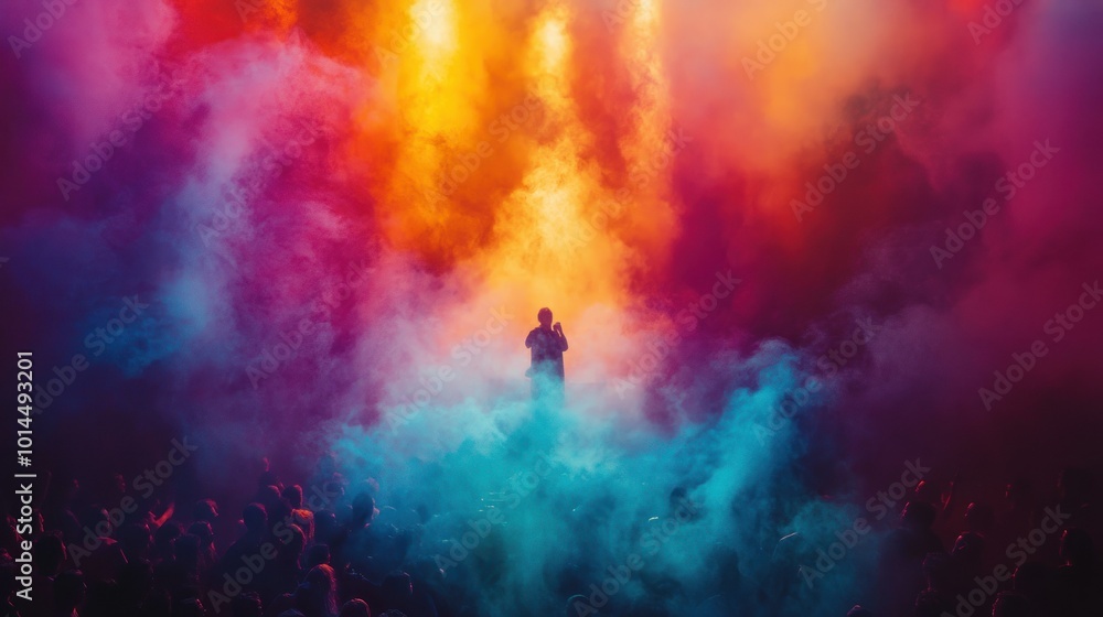 Silhouette of a Person in a Crowd with Colorful Smoke and Fog Silhouette of a Person in a Crowd with Colorful Smoke and Fog