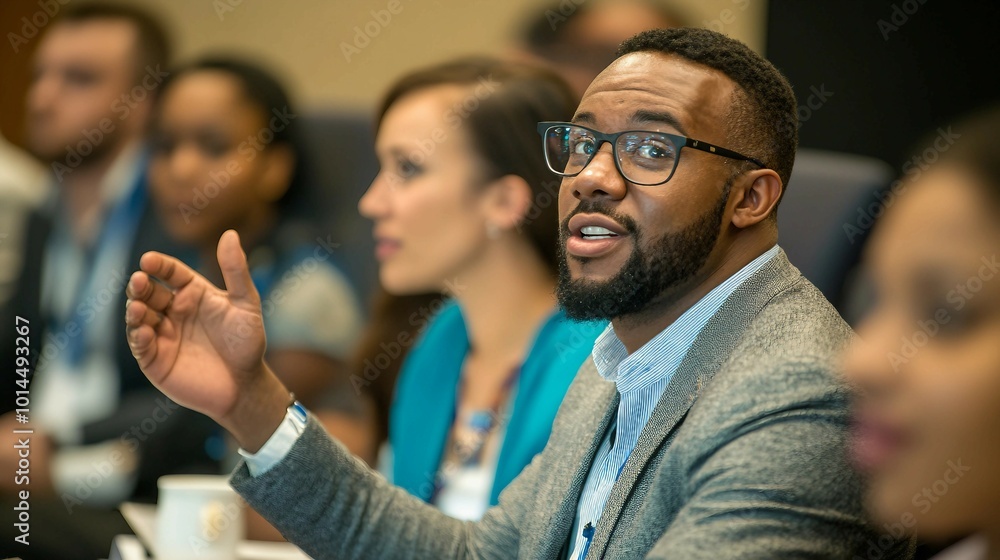 African American Man Asking a Question in a Business Meeting African American Man Asking a Question in a Business Meeting