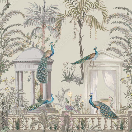 Vintage classical Greek garden with temple, arch, garden, peacock, bird, botanical tree and flower seamless pattern