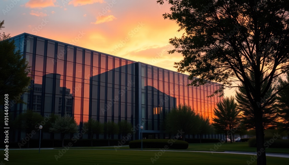 exterior view of office building with sunset sky exterior view of office building with sunset sky