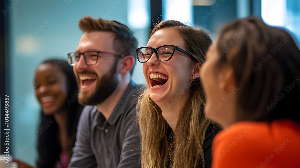 Three Friends Laughing Together in a Casual Setting Three Friends Laughing Together in a Casual Setting