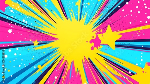 Abstract comic book background with yellow, pink, and blue stripes and stars.