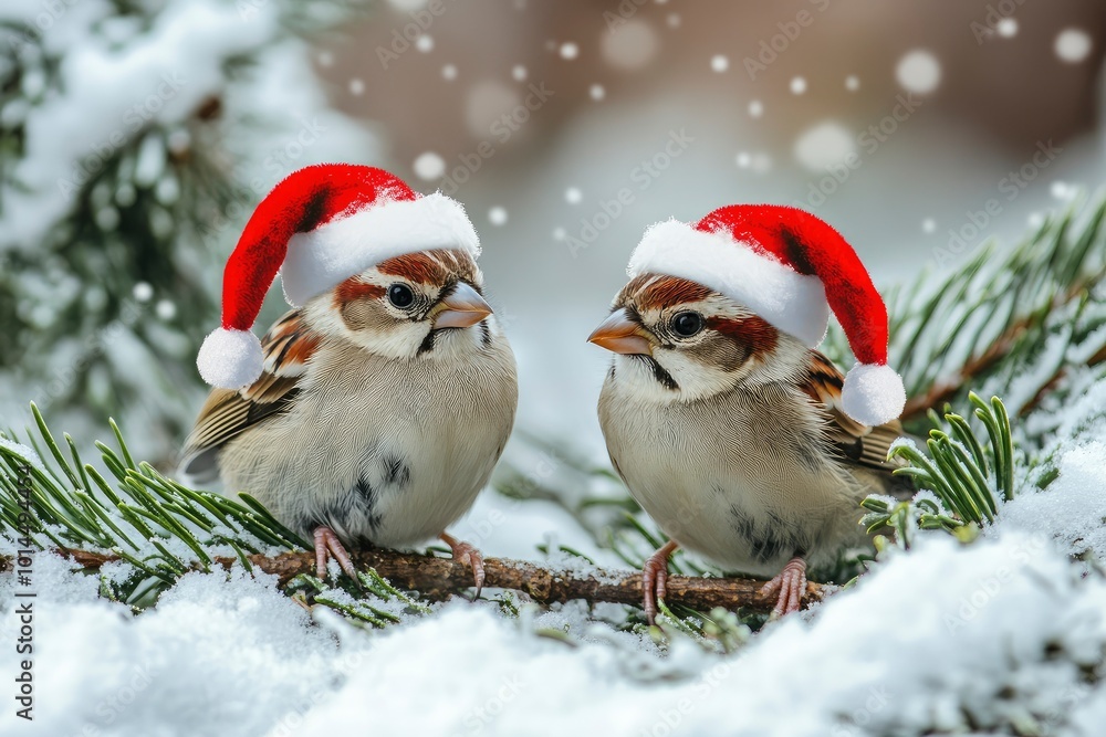 festive new year card with two little funny birds sparrows sit in the winter garden under a spruce branch in red Santa hats with generative ai festive new year card with two little funny birds sparrows sit in the winter garden under a spruce branch in red Santa hats with generative ai