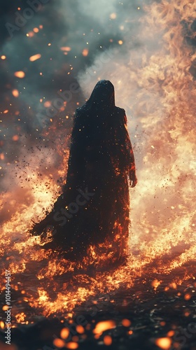 Wallpaper Mural Enigmatic figure cloaked in darkness walking through radiant, dancing flames Torontodigital.ca
