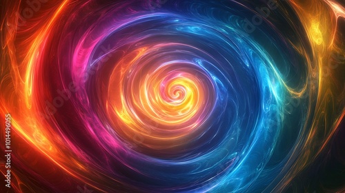 Abstract swirling colorful light in a spiral motion with red, blue, yellow, and orange tones.