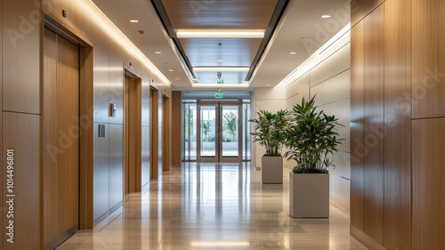 Modern classic wooden Elevator doors of office or hotel hallway, Lobby interior, corridor in house with lift,Black elegant lift for passenger or cargo elevators,copy space.