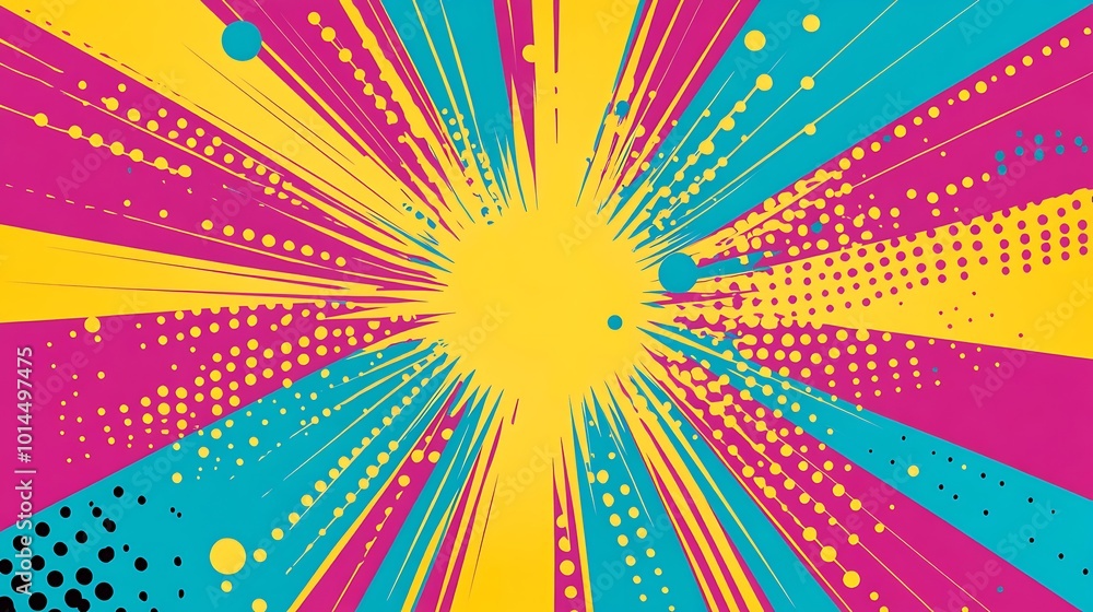 Bright yellow, pink, and blue abstract background with a burst of light in the center. Bright yellow, pink, and blue abstract background with a burst of light in the center.