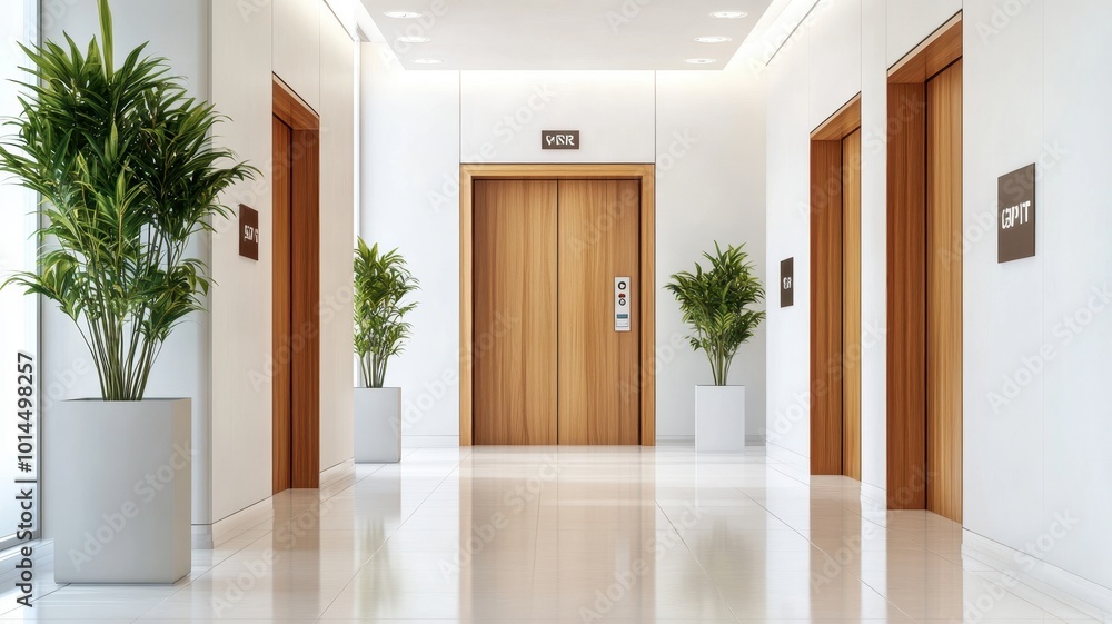Fototapeta premium Modern classic wooden Elevator doors of office or hotel hallway, Lobby interior, corridor in house with lift,Black elegant lift for passenger or cargo elevators,copy space.