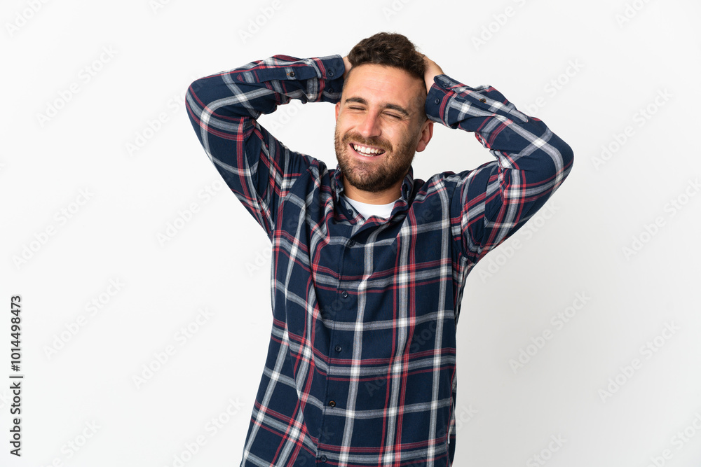 Caucasian man isolated on white background laughing Caucasian man isolated on white background laughing