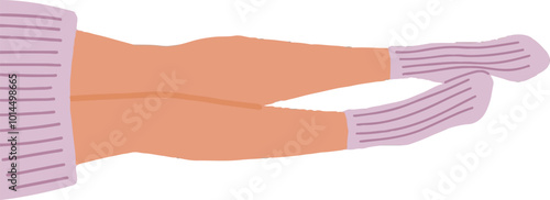 Flat vector illustration of legs lying on the floor. The right one is slightly bent and dilacately touching the other. The lilac socks with elastic band are on the feets and sweater is on the body