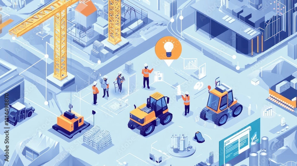 Construction Site with Workers and Heavy Machinery