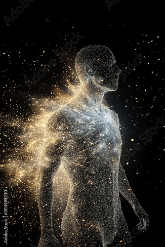 human figure dissolving into stardust, surrounded by cosmic explosion of light and particles, evokes sense of wonder and transformation