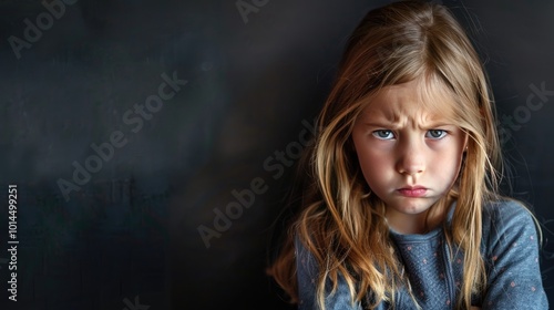 Upset young girl on black background.