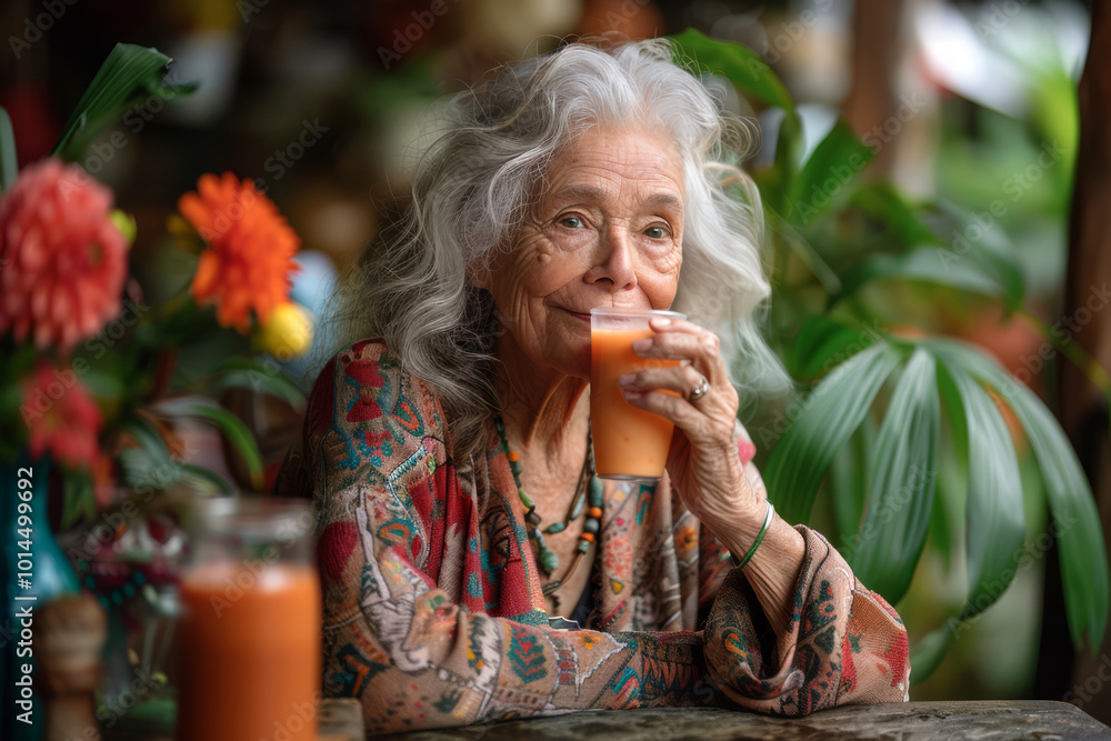 Fototapeta premium Elderly woman sits contentedly at a rustic wooden table, sipping her vibrant fresh organic smoothie amidst lush greenery and blooming flowers, healthy living