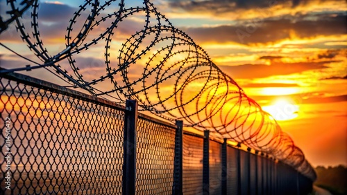 Close-up of a fence with razor wire in front of a sunset