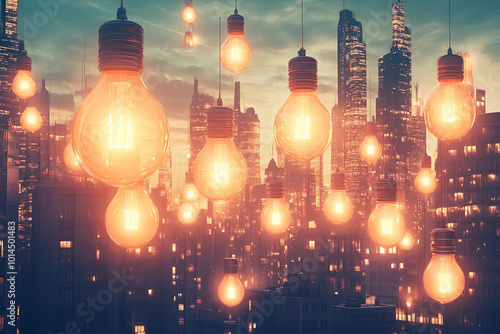 stunning city skyline illuminated by giant hanging light bulbs creates magical atmosphere at dusk. warm glow of bulbs contrasts beautifully with urban landscape