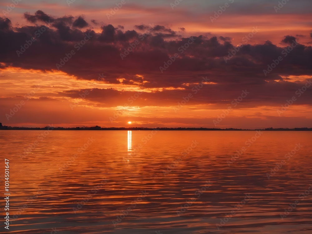 Fototapeta premium The sky at sunset, with vivid orange and red tones reflecting on the water and distant clouds catching the last rays of the sun
